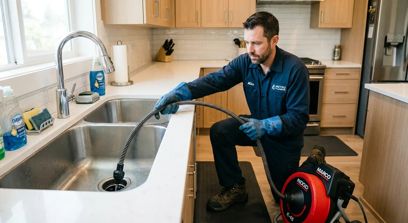 Drain cleaning technician using a motorized snake on a kitchen sink in Valrico