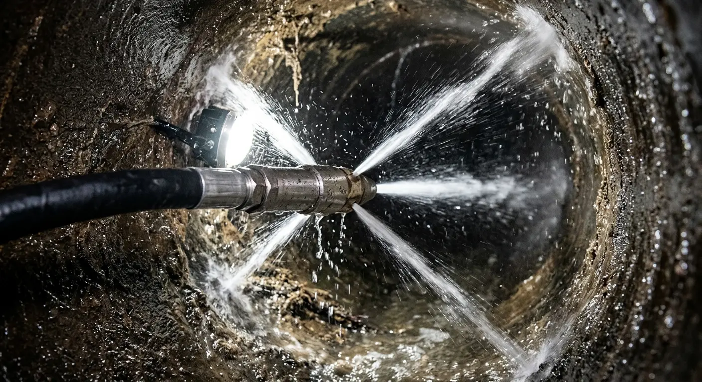 High-pressure hydro jetting nozzle cleaning sewer pipe for Trenchless Sewer Repair in Valrico