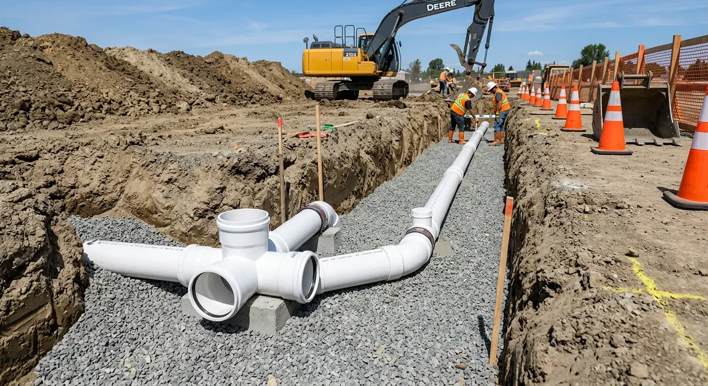 New PVC sewer pipe installation in open trench for Commercial Drain Cleaning in Valrico