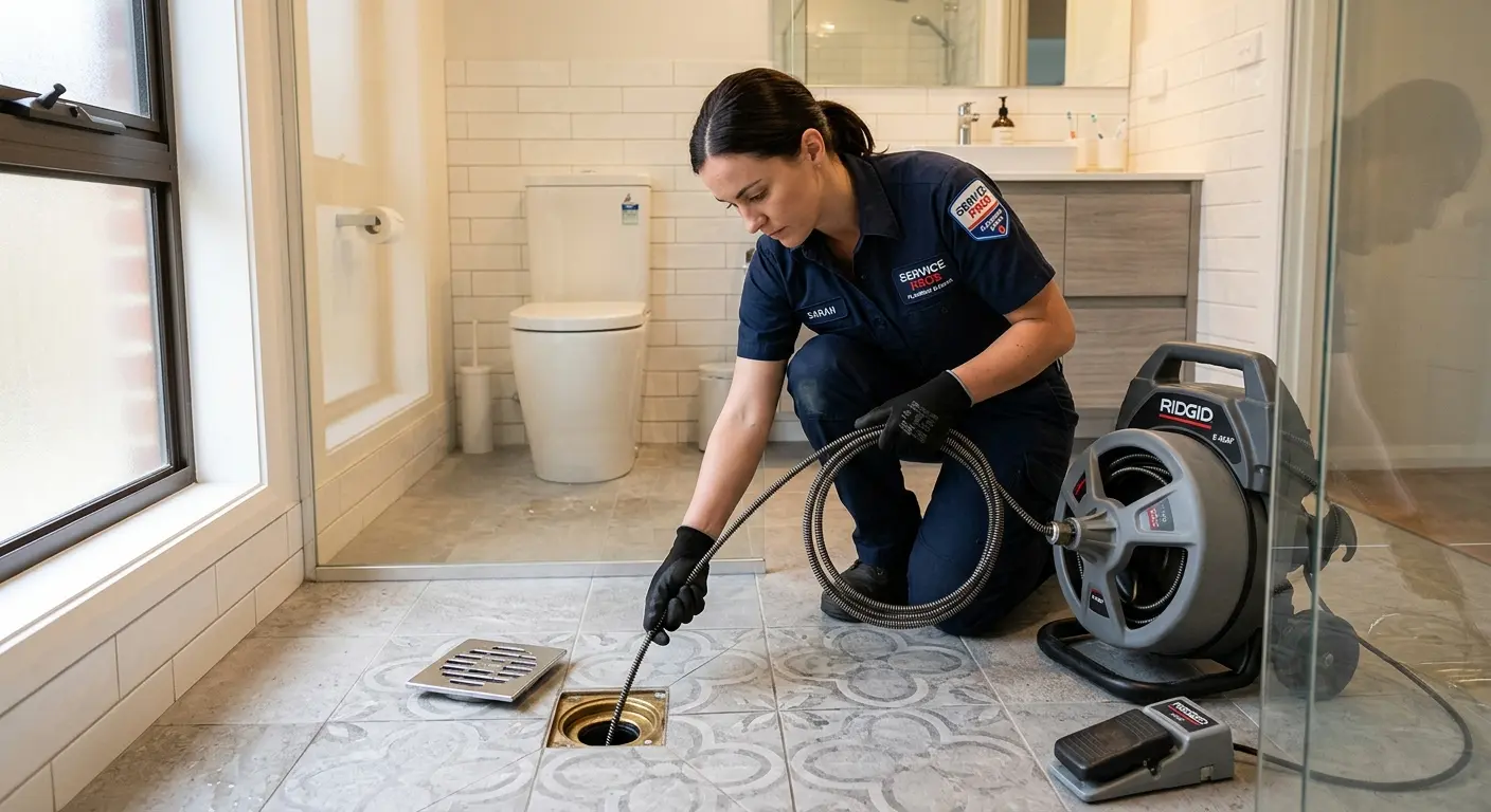 Technician clearing a bathroom floor drain for Sewer Line Replacement in Valrico